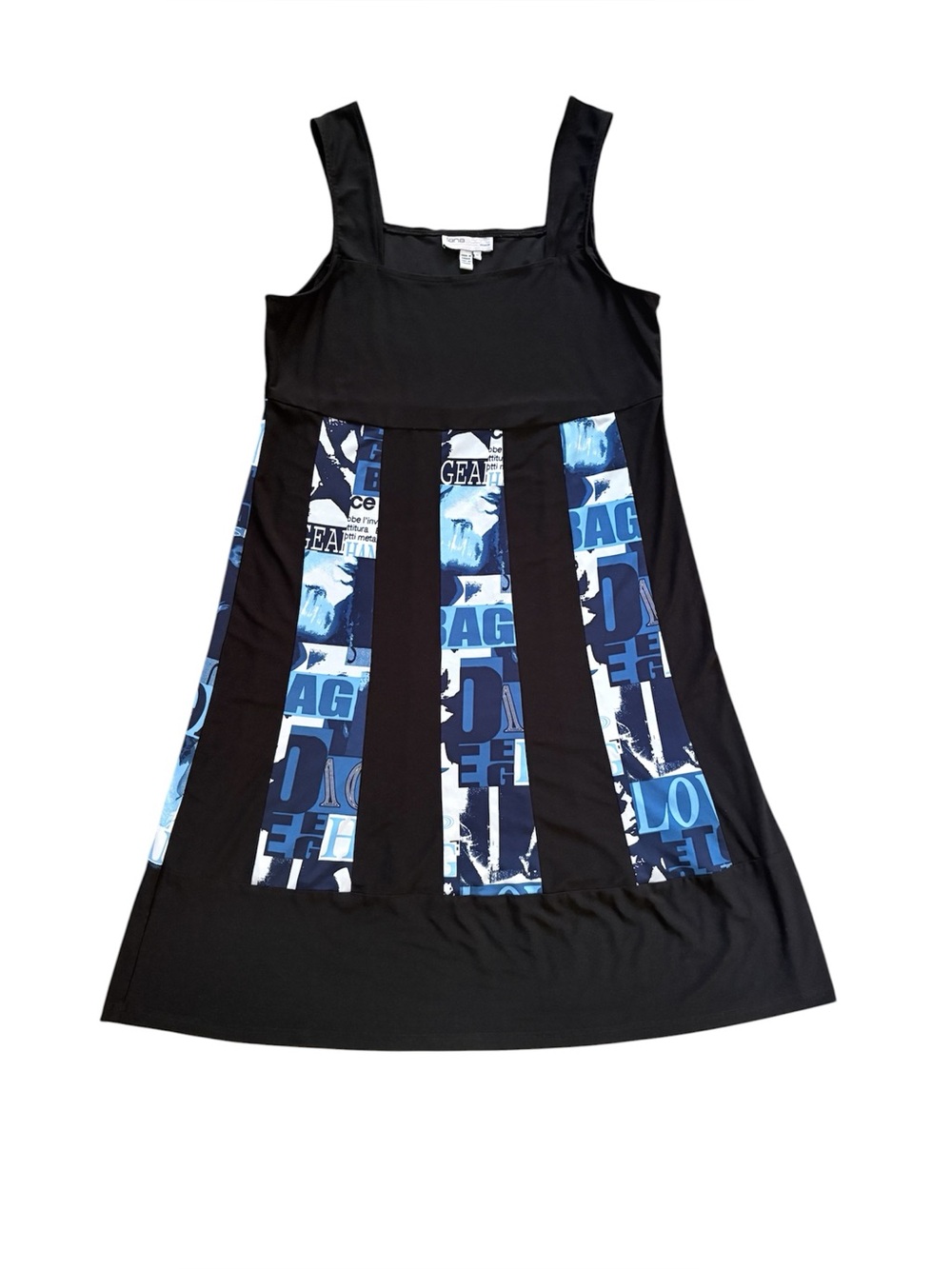 VTG Lana Sport Graphic Print Panel A-Line Midi Stretch Tank Dress Black Blue Y2K